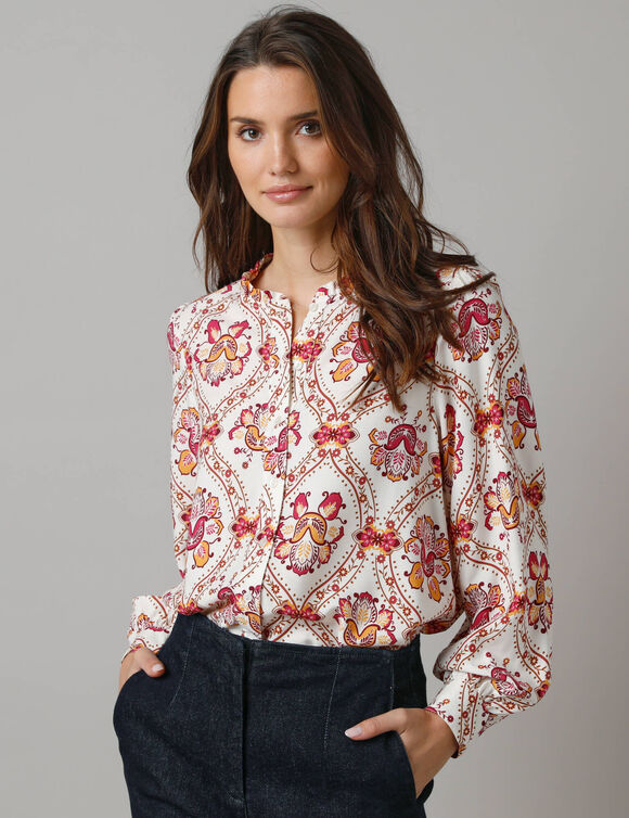 Chemisier col volanté, manches bouffantes, imprimé fleuri (écru) Chemisier col volanté, manches bouffantes, imprimé fleuri (écru)